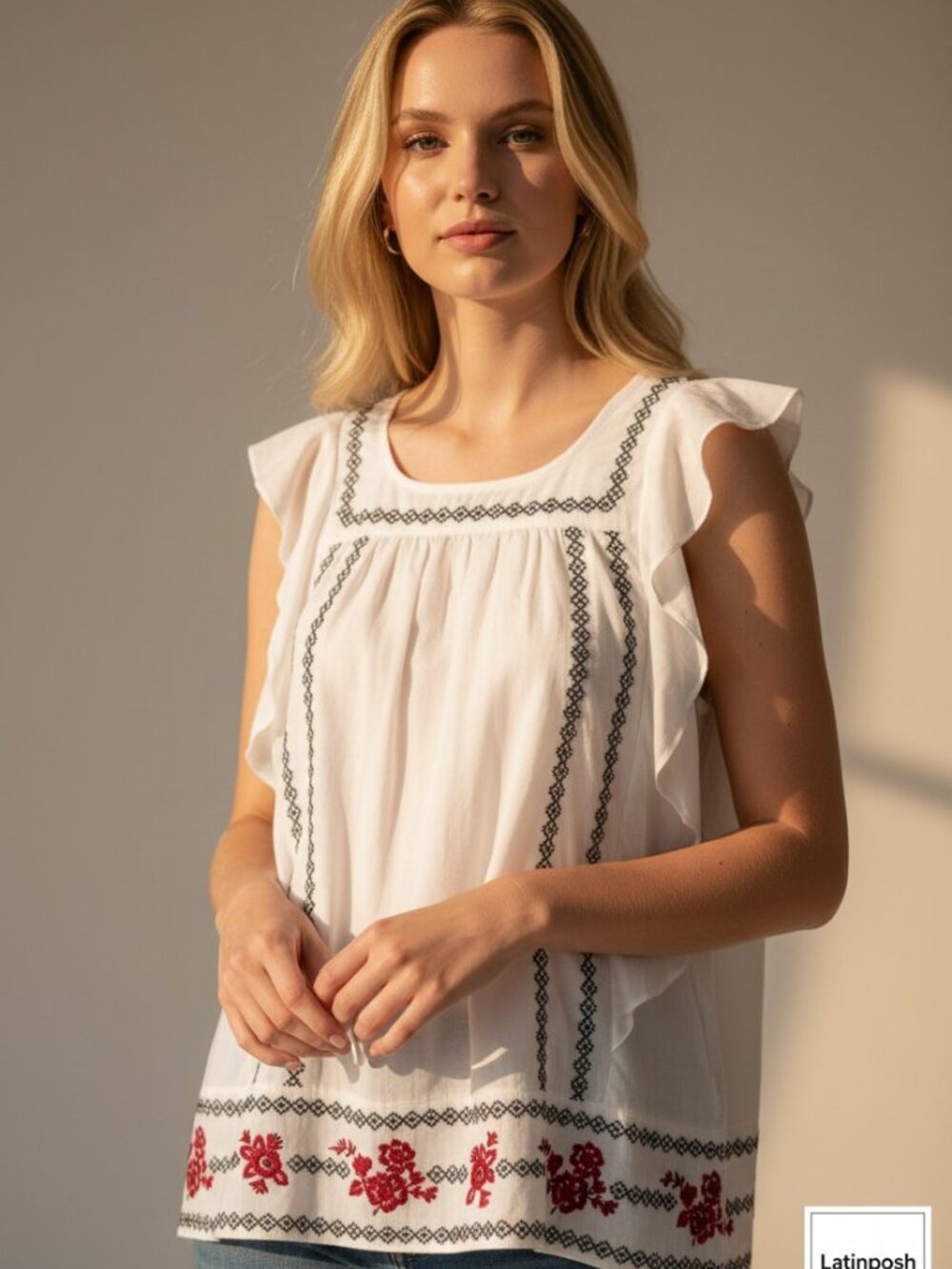 LOVESHACKFANCY White Embroidered Heidi Top Blouse Flutter Sleeve S
